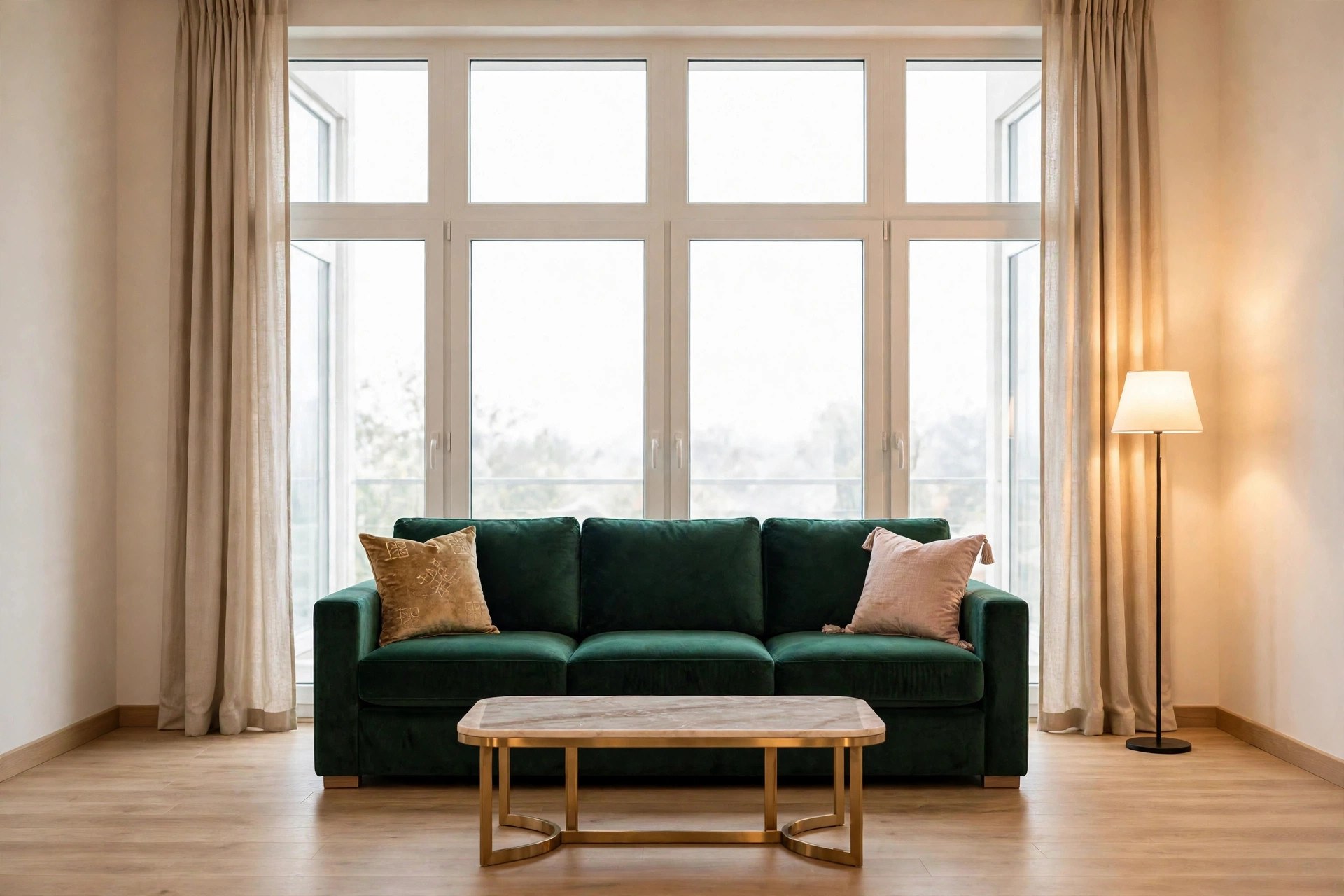 Same living room with stunning emerald velvet sofa and designer table from Meraj Furnishing