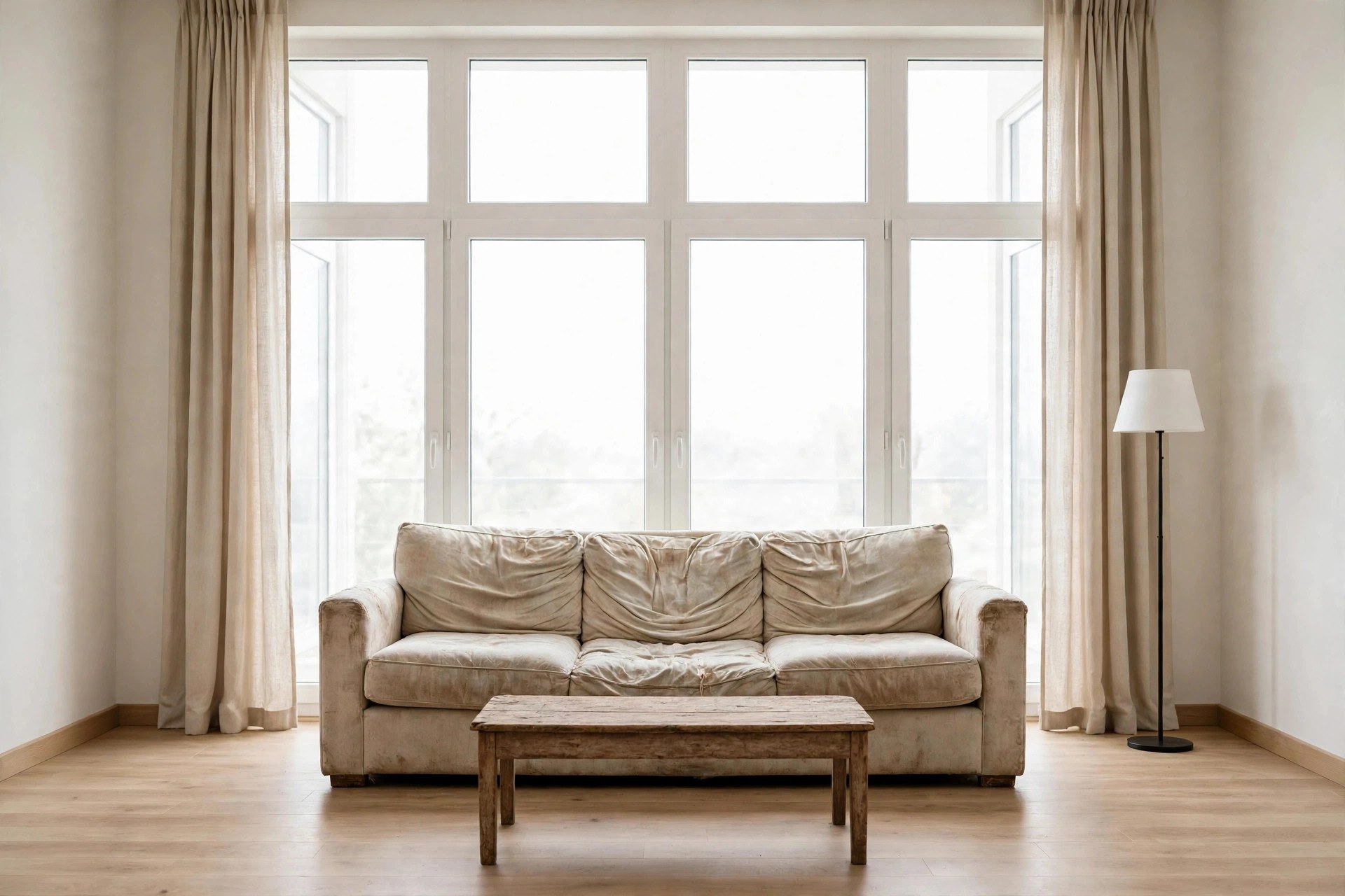 Same living room with old worn-out sagging sofa and scratched table